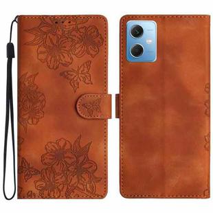 For Xiaomi Redmi Note 12 Global Cherry Blossom Butterfly Skin Feel Embossed PU Phone Case(Brown)