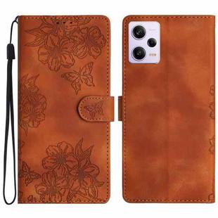 For Xiaomi Redmi Note 12 Pro Global Cherry Blossom Butterfly Skin Feel Embossed PU Phone Case(Brown)