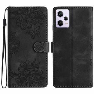 For Xiaomi Redmi Note 12 Pro Global Cherry Blossom Butterfly Skin Feel Embossed PU Phone Case(Black)