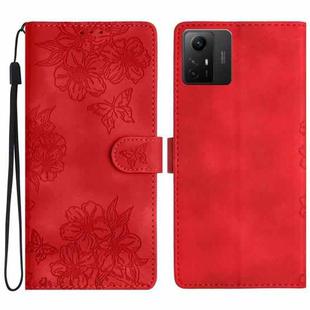 For Xiaomi Redmi Note 12S Cherry Blossom Butterfly Skin Feel Embossed PU Phone Case(Red)