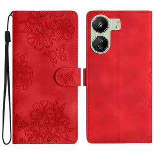For Xiaomi Redmi 13C 4G Global Cherry Blossom Butterfly Skin Feel Embossed PU Phone Case(Red)