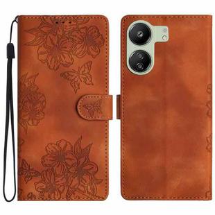 For Xiaomi Redmi 13C 4G Global Cherry Blossom Butterfly Skin Feel Embossed PU Phone Case(Brown)