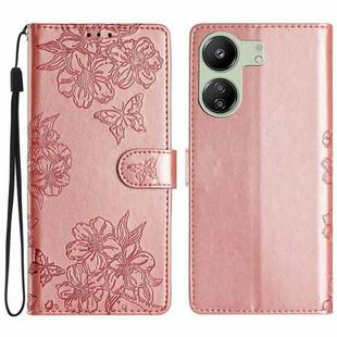 For Xiaomi Redmi 13C 4G Global Cherry Blossom Butterfly Skin Feel Embossed PU Phone Case(Rose Gold)