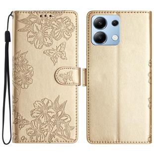 For Redmi Note 13 4G Cherry Blossom Butterfly Skin Feel Embossed PU Phone Case(Gold)