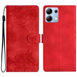 For Redmi Note 14 4G Cherry Blossom Butterfly Skin Feel Embossed PU Phone Case(Red)