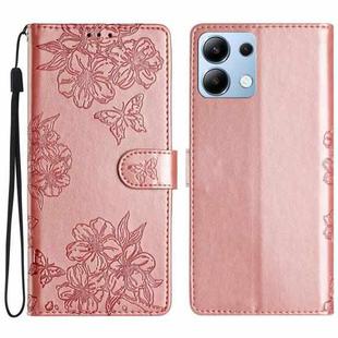 For Redmi Note 14 4G Cherry Blossom Butterfly Skin Feel Embossed PU Phone Case(Rose Gold)