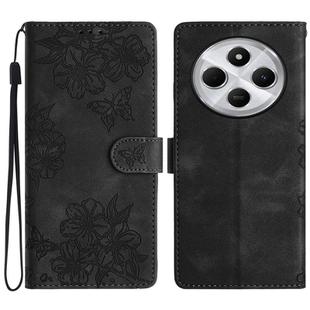 For Redmi 14C 4G Cherry Blossom Butterfly Skin Feel Embossed PU Phone Case(Black)