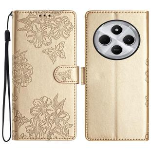 For Redmi 14C 4G Cherry Blossom Butterfly Skin Feel Embossed PU Phone Case(Gold)