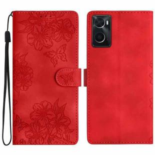 For OPPO A36 / A76 / A96 Cherry Blossom Butterfly Skin Feel Embossed PU Phone Case(Red)