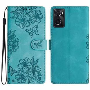 For OPPO A36 / A76 / A96 Cherry Blossom Butterfly Skin Feel Embossed PU Phone Case(Green)