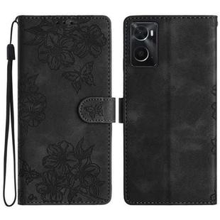 For OPPO A36 / A76 / A96 Cherry Blossom Butterfly Skin Feel Embossed PU Phone Case(Black)