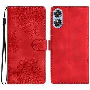 For OPPO A17 Cherry Blossom Butterfly Skin Feel Embossed PU Phone Case(Red)