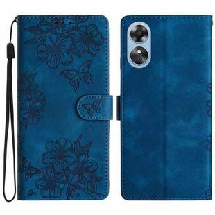 For OPPO A17 Cherry Blossom Butterfly Skin Feel Embossed PU Phone Case(Blue)