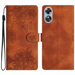 For OPPO A17 Cherry Blossom Butterfly Skin Feel Embossed PU Phone Case(Brown)