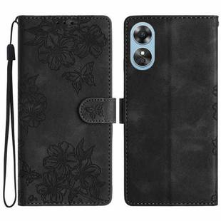 For OPPO A17 Cherry Blossom Butterfly Skin Feel Embossed PU Phone Case(Black)