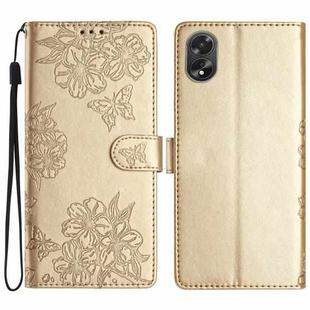 For OPPO A18 / A38 Cherry Blossom Butterfly Skin Feel Embossed PU Phone Case(Gold)