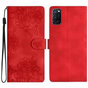 For OPPO A52 / A72 / A92 Cherry Blossom Butterfly Skin Feel Embossed PU Phone Case(Red)
