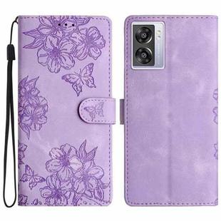 For OPPO A57 4G / A57 5G / A77 5G Cherry Blossom Butterfly Skin Feel Embossed PU Phone Case(Purple)