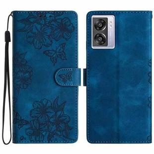 For OPPO A57 4G / A57 5G / A77 5G Cherry Blossom Butterfly Skin Feel Embossed PU Phone Case(Blue)