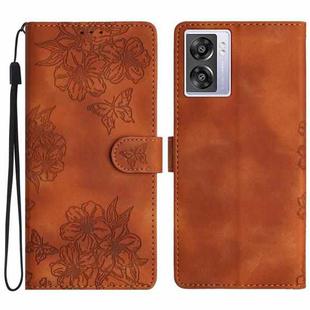 For OPPO A57 4G / A57 5G / A77 5G Cherry Blossom Butterfly Skin Feel Embossed PU Phone Case(Brown)