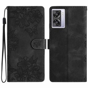 For OPPO A57 4G / A57 5G / A77 5G Cherry Blossom Butterfly Skin Feel Embossed PU Phone Case(Black)