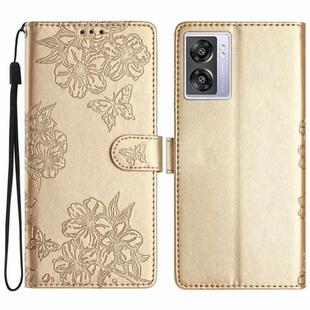 For OPPO A57 4G / A57 5G / A77 5G Cherry Blossom Butterfly Skin Feel Embossed PU Phone Case(Gold)