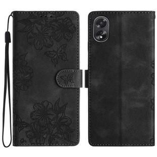 For OPPO A58 / A78 Cherry Blossom Butterfly Skin Feel Embossed PU Phone Case(Black)