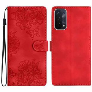 For OPPO A74 5G / A54 5G / A93 5G Cherry Blossom Butterfly Skin Feel Embossed PU Phone Case(Red)