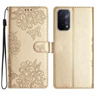 For OPPO A74 5G / A54 5G / A93 5G Cherry Blossom Butterfly Skin Feel Embossed PU Phone Case(Gold)