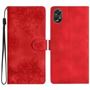 For OPPO A78 / A58 Cherry Blossom Butterfly Skin Feel Embossed PU Phone Case(Red)