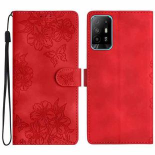 For OPPO A94 5G Cherry Blossom Butterfly Skin Feel Embossed PU Phone Case(Red)