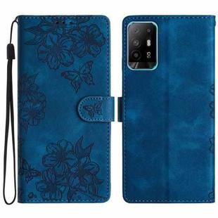 For OPPO A94 5G Cherry Blossom Butterfly Skin Feel Embossed PU Phone Case(Blue)