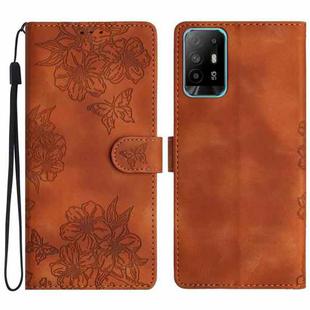 For OPPO A94 5G Cherry Blossom Butterfly Skin Feel Embossed PU Phone Case(Brown)