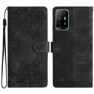 For OPPO A94 5G Cherry Blossom Butterfly Skin Feel Embossed PU Phone Case(Black)