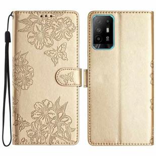 For OPPO A94 5G Cherry Blossom Butterfly Skin Feel Embossed PU Phone Case(Gold)