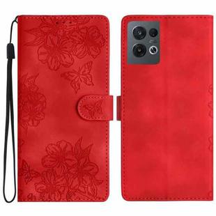 For OPPO Reno8 Pro 5G Global Cherry Blossom Butterfly Skin Feel Embossed PU Phone Case(Red)