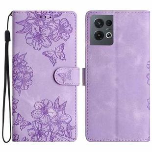 For OPPO Reno8 Pro 5G Global Cherry Blossom Butterfly Skin Feel Embossed PU Phone Case(Purple)