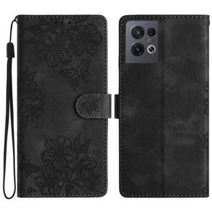 For OPPO Reno8 Pro 5G Global Cherry Blossom Butterfly Skin Feel Embossed PU Phone Case(Black)