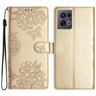 For OPPO Reno8 Pro 5G Global Cherry Blossom Butterfly Skin Feel Embossed PU Phone Case(Gold)