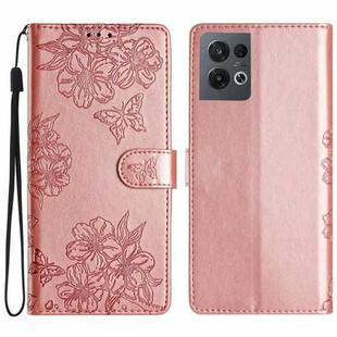 For OPPO Reno8 Pro 5G Global Cherry Blossom Butterfly Skin Feel Embossed PU Phone Case(Rose Gold)