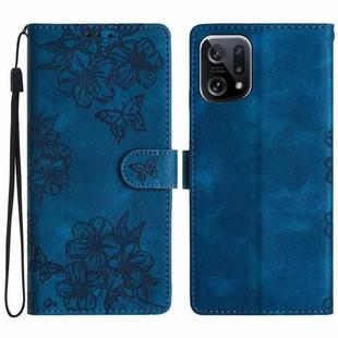 For OPPO Find X5 Cherry Blossom Butterfly Skin Feel Embossed PU Phone Case(Blue)