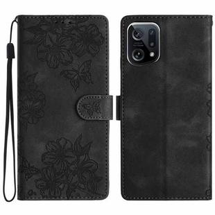 For OPPO Find X5 Cherry Blossom Butterfly Skin Feel Embossed PU Phone Case(Black)