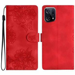 For OPPO Find X5 Pro Cherry Blossom Butterfly Skin Feel Embossed PU Phone Case(Red)