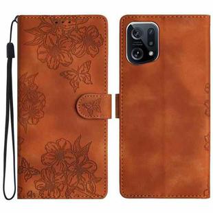 For OPPO Find X5 Pro Cherry Blossom Butterfly Skin Feel Embossed PU Phone Case(Brown)