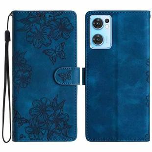 For OPPO Find X5 Lite / Reno7 5G Cherry Blossom Butterfly Skin Feel Embossed PU Phone Case(Blue)