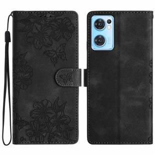 For OPPO Find X5 Lite / Reno7 5G Cherry Blossom Butterfly Skin Feel Embossed PU Phone Case(Black)