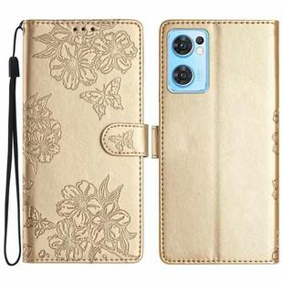 For OPPO Find X5 Lite / Reno7 5G Cherry Blossom Butterfly Skin Feel Embossed PU Phone Case(Gold)