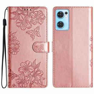 For OPPO Find X5 Lite / Reno7 5G Cherry Blossom Butterfly Skin Feel Embossed PU Phone Case(Rose Gold)