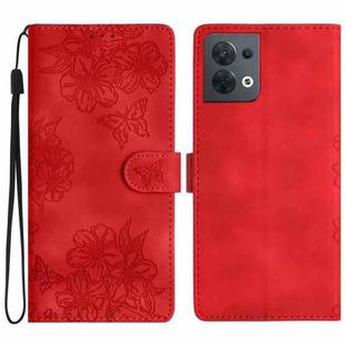 For OPPO Reno8 5G Global Cherry Blossom Butterfly Skin Feel Embossed PU Phone Case(Red)