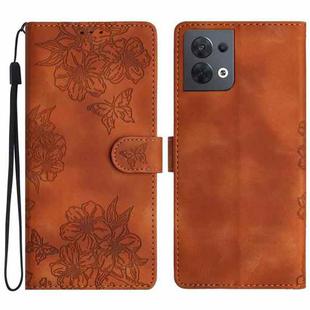 For OPPO Reno8 5G Global Cherry Blossom Butterfly Skin Feel Embossed PU Phone Case(Brown)